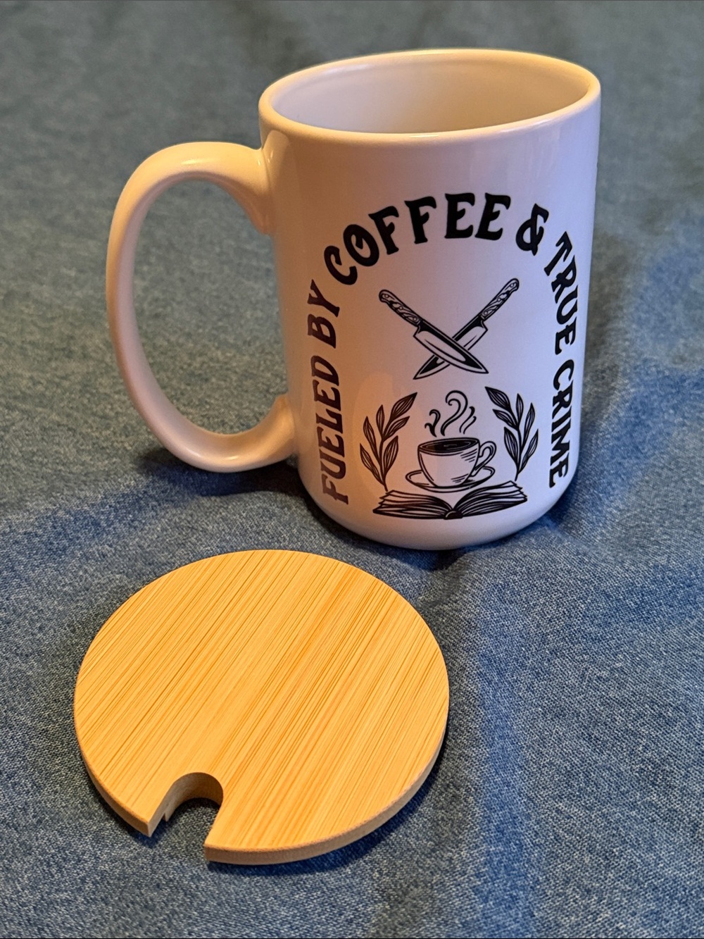 White Ceramic Coffee Mug with coffee & True Crime Design (new with gift wrap)